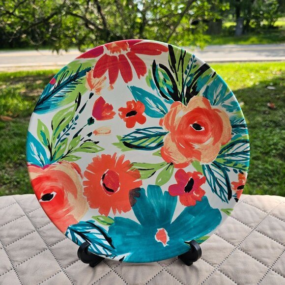 Nicole Miller Floral Melamine 11" Dinner Plate Pair Turquoise, Orange EUC - Picture 5 of 11